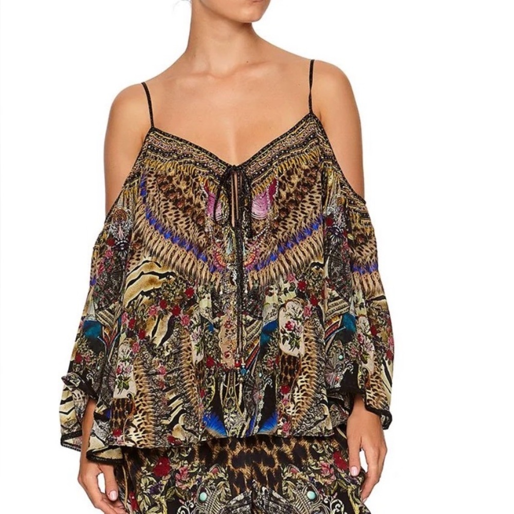 Camilla Drop Shoulder Silk Blouse Stronger Together Print NWT